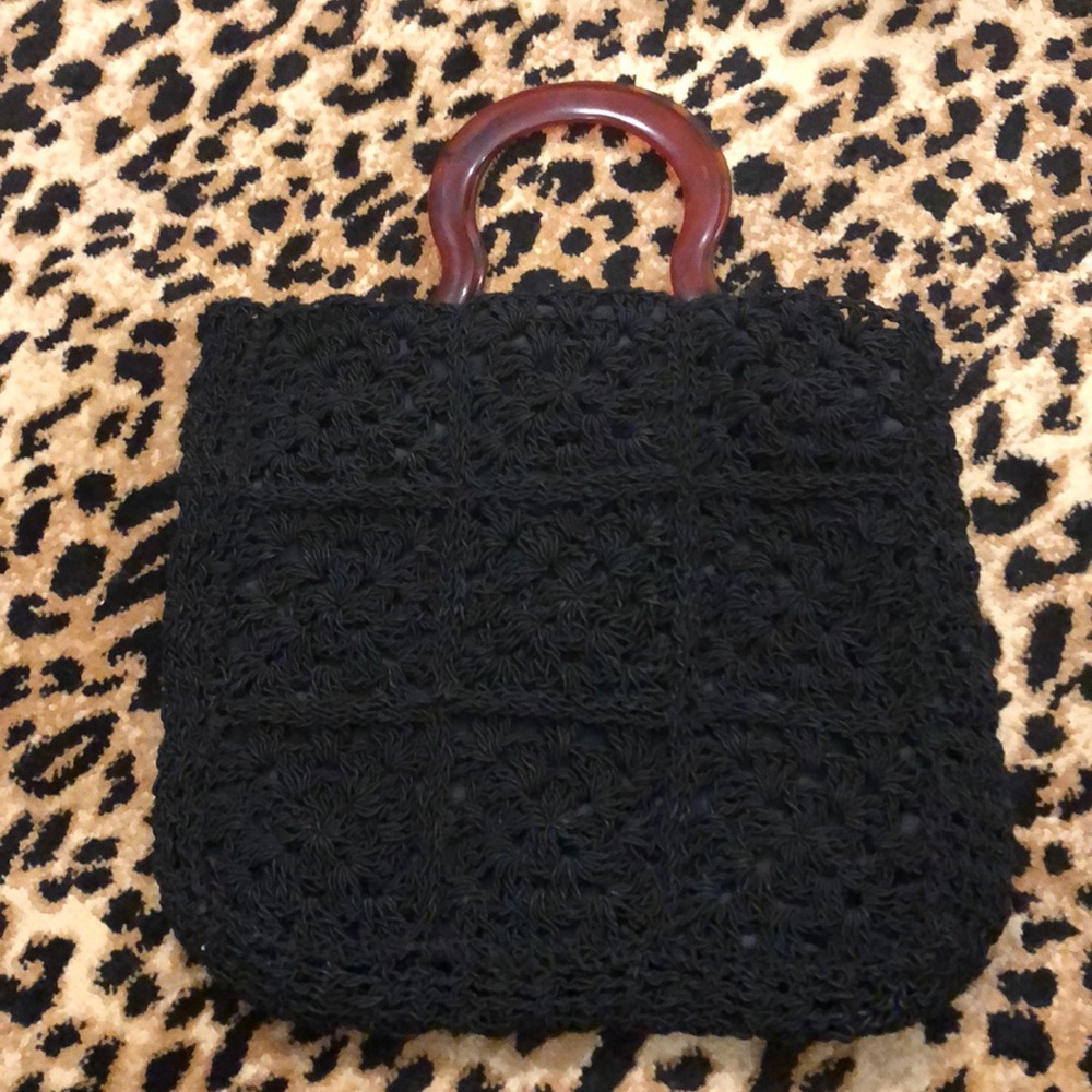 Vintage Ink Black Crochet Purse - Lucite Handles